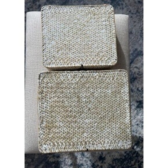 New Set of 2 Flat Woven Wicker Storage Bins with Lid Natural Seagrass Basket - Picture 3 of 4
